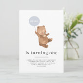 クマの名前 – 1歳の誕生日招待状 – 青いバルーン 招待状 (スタンド正面)
