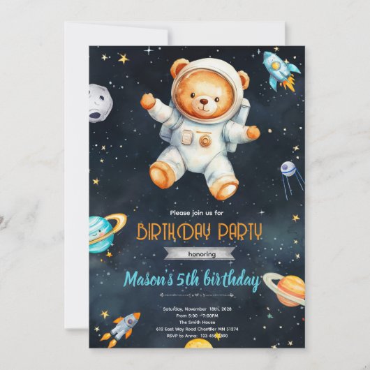 クマの宇宙飛行士の誕生日招待状 招待状 (正面)