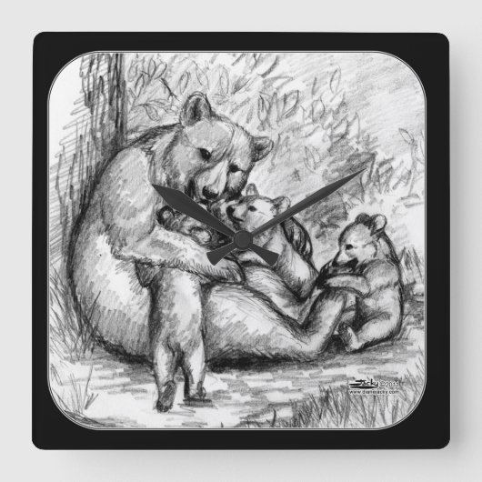 クマの家族 スクエア壁時計 (正面)