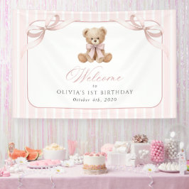 クマの弓とピンクストライプの1歳の誕生日ウェルカム 横断幕