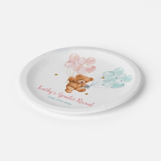 クマの性別がピンクと青のバルーンを明らかにする ペーパープレート (アングル)