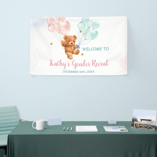 クマの性別がピンクと青のバルーンを明らかにする 横断幕 (トレードショー)