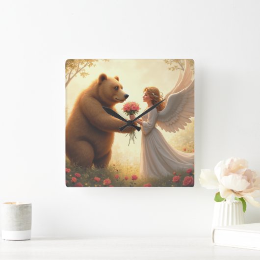 クマの愛 スクエア壁時計 (ホーム)