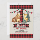 クマの最初の誕生日バッファロー赤いフランネルのランバージャック 招待状 (正面)