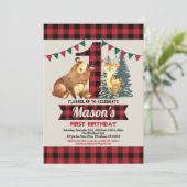 クマの最初の誕生日バッファロー赤いフランネルのランバージャック 招待状 (スタンド正面)