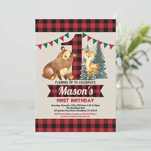 クマの最初の誕生日バッファロー赤いフランネルのランバージャック 招待状 (スタンド正面)