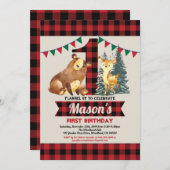 クマの最初の誕生日バッファロー赤いフランネルのランバージャック 招待状 (正面/裏面)
