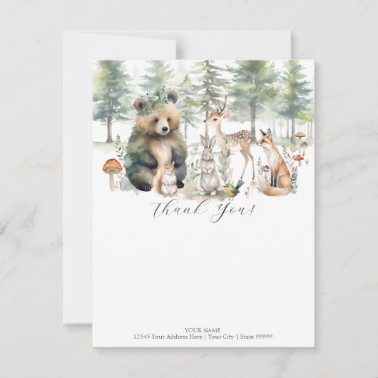 クマの森かわいい動物の鹿リス赤ちゃんシャワー サンキューカード (正面)