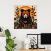クマの森の花柄ウォールアート 自然動物インテリア ポスター (ホームオフィス)