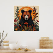 クマの森の花柄ウォールアート 自然動物インテリア ポスター (キッチン)