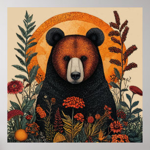 クマの森の花柄ウォールアート 自然動物インテリア ポスター