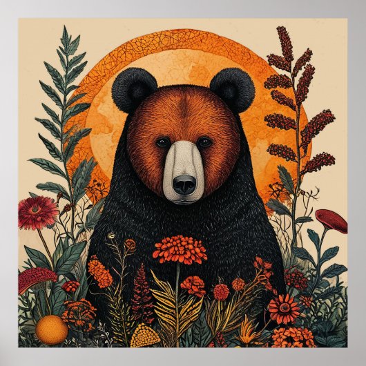 クマの森の花柄ウォールアート 自然動物インテリア ポスター (正面)