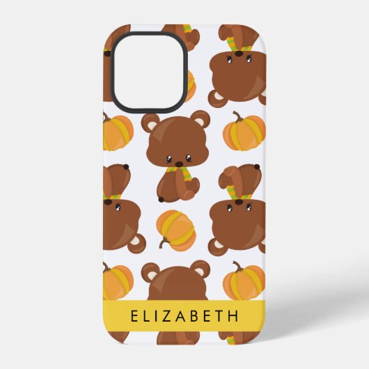 クマの模様、かわいいクマ、カボチャ、お名前入り iPhoneケース (裏面)