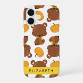 クマの模様、かわいいクマ、カボチャ、お名前 iPhone 16ケース (裏面)