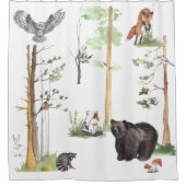 クマの水彩野生動物ウッドランドフォレスト動物 シャワーカーテン (正面)