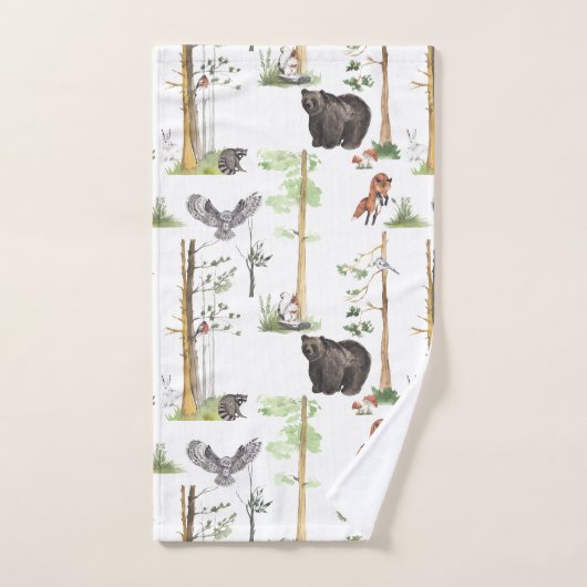 クマの水彩野生動物ウッドランドフォレスト動物 バスタオルセット (ハンドタオル)