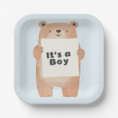 クマの看板かわいい青い赤ちゃんシャワー ペーパープレート (正面)