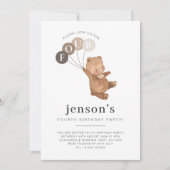 クマの茶色のバルーン4th誕生日 招待状 (正面)