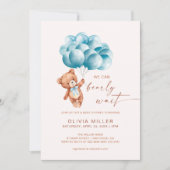 クマの赤ちゃんが待ち遠しい ブルーくま風船 ベイビーシャワー 招待状 (正面)