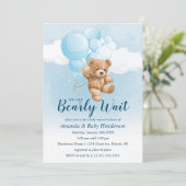 クマの赤ちゃんが待ち遠しい ブルー テディベア ベビーシャワー 招待状 (スタンド正面)
