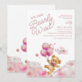 クマの赤ちゃん待ちきれない テディベアの女の子 ベビーシャワー 招待状 (正面/裏面)