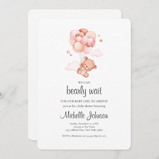 クマの赤ちゃん待ちきれない ピンクのベビーシャワー 招待状 (正面/裏面)