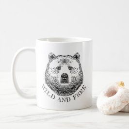 クマの頭、野生で自由な、手で描かれたイラストレーション コーヒーマグカップ