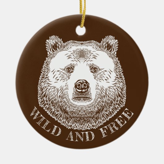 クマの頭、野生で自由な、手で描かれたイラストレーション セラミックオーナメント (正面)