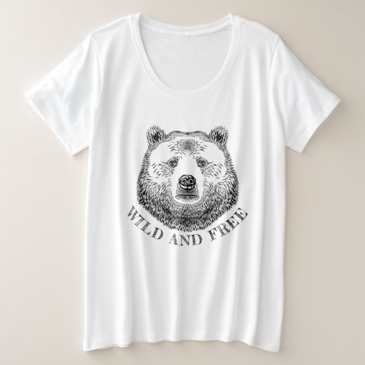 クマの頭、野生で自由な、手で描かれたイラストレーション プラスサイズTシャツ (デザイン正面)