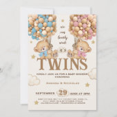 クマの風船が双子の赤ちゃんシャワーを待つ 招待状 (正面)