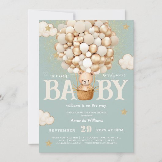 クマの風船が早くセージ緑の赤ちゃんシャワー待つ 招待状 (正面)