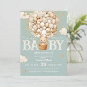 クマの風船が早くセージ緑の赤ちゃんシャワー待つ 招待状 (スタンド正面)