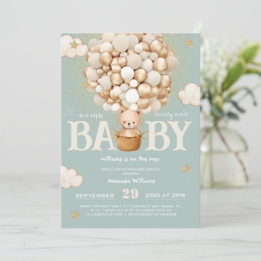 クマの風船が早くセージ緑の赤ちゃんシャワー待つ 招待状 (スタンド正面)