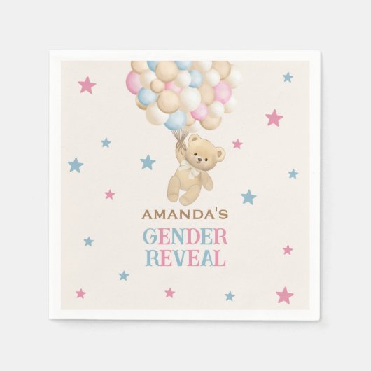 クマの風船と星ピンクブルー性別リビール スタンダードカクテルナプキン (正面)