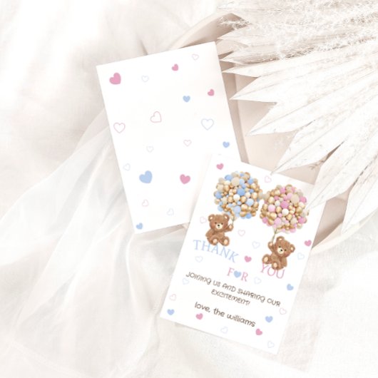 クマの風船ピンクの青ベビーシャワー性別リビール サンキューカード
