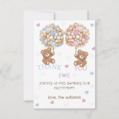 クマの風船ピンクの青ベビーシャワー性別リビール サンキューカード (正面)