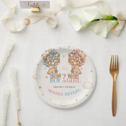 クマの風船ピンクブルーボーホジェンダーの表示 ペーパープレート (ウェディング)