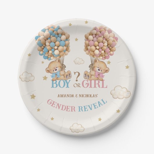 クマの風船ピンクブルーボーホジェンダーの表示 ペーパープレート (正面)