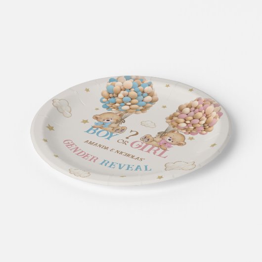 クマの風船ピンクブルーボーホジェンダーの表示 ペーパープレート (アングル)