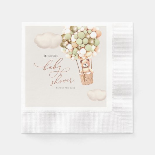 クマの風船 ベビーシャワー ペーパーナプキン 縁ありカクテルナプキン (正面)