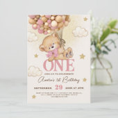 クマの風船 赤ちゃんの女の子 1歳の誕生日 招待状 (スタンド正面)
