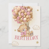 クマの風船 赤ちゃんの女の子 1歳の誕生日 招待状 (裏面)