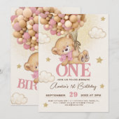 クマの風船 赤ちゃんの女の子 1歳の誕生日 招待状 (正面/裏面)