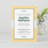 クマの黄色の花柄ダマスク写真 卒業式 招待状 (スタンド正面)