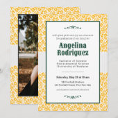 クマの黄色の花柄ダマスク写真 卒業式 招待状 (正面/裏面)