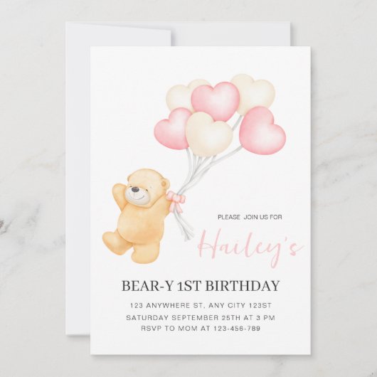 クマの1歳の誕生日招待状、女の子の1歳の誕生日 招待状 (正面)