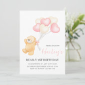 クマの1歳の誕生日招待状、女の子の1歳の誕生日 招待状 (スタンド正面)
