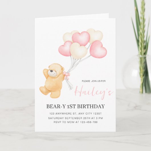 クマの1歳の誕生日招待状、女の子の1歳の誕生日 招待状 (正面)