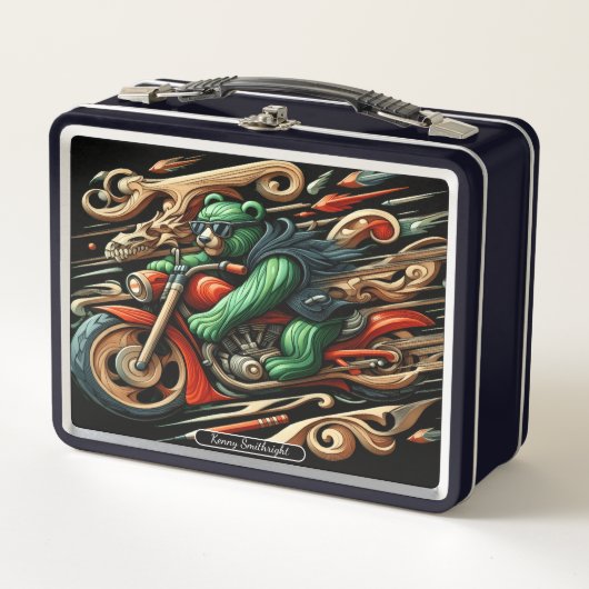 クマはっきりしたはバイクに乗るスタイル メタルランチボックス (正面)