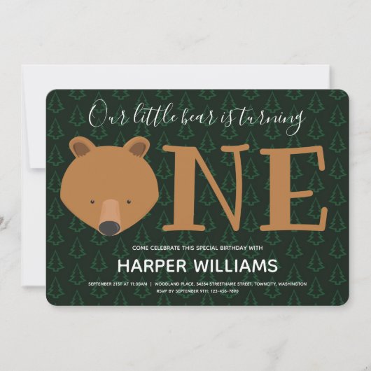 クマはワンパインアニマルファースト誕生日 招待状 (正面)